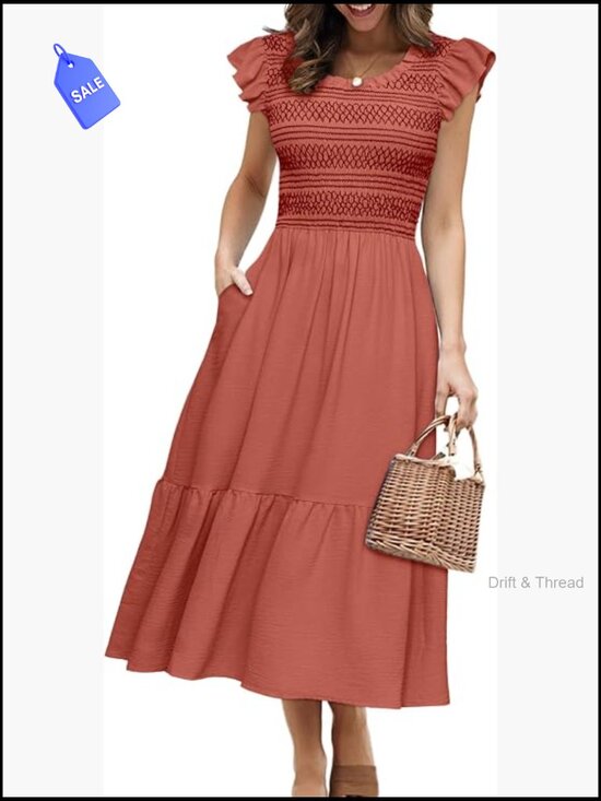 Dresses & Skirts - Women's Boho Smocked Waist Midi Dress with Pockets